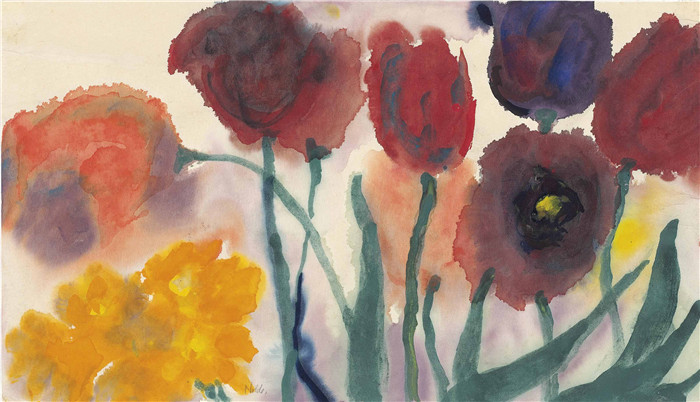 埃米尔·诺尔德（Emil Nolde）作品-郁金香和水仙花水彩，1950年