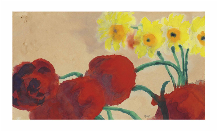 埃米尔·诺尔德（Emil Nolde）作品-罂粟和水仙花，1915年
