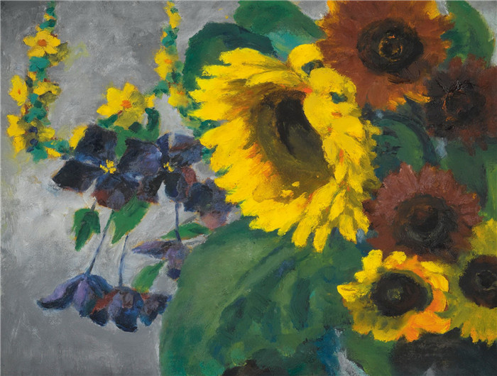 埃米尔·诺尔德（Emil Nolde）作品-向日葵和铁线莲，1943年
