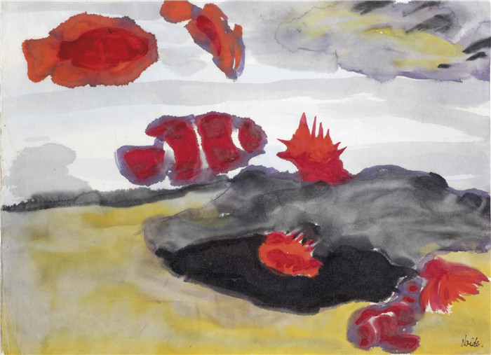 埃米尔·诺尔德（Emil Nolde）作品-珊瑚鱼和海葵，1923年