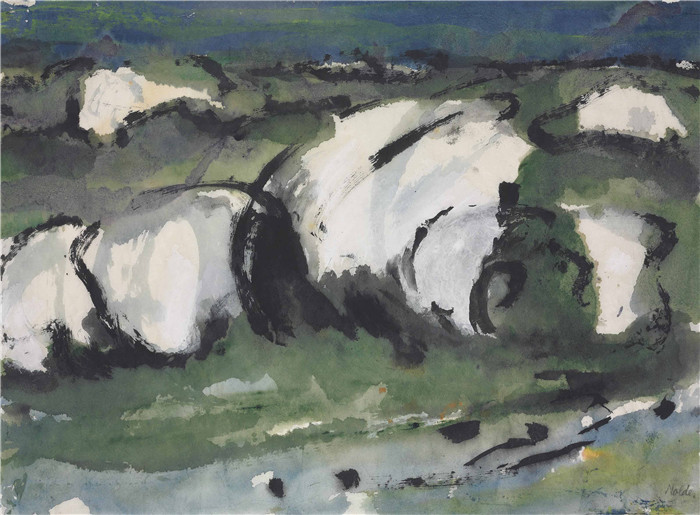 埃米尔·诺尔德（Emil Nolde）作品-撞击波和高地平线的大海，1920年