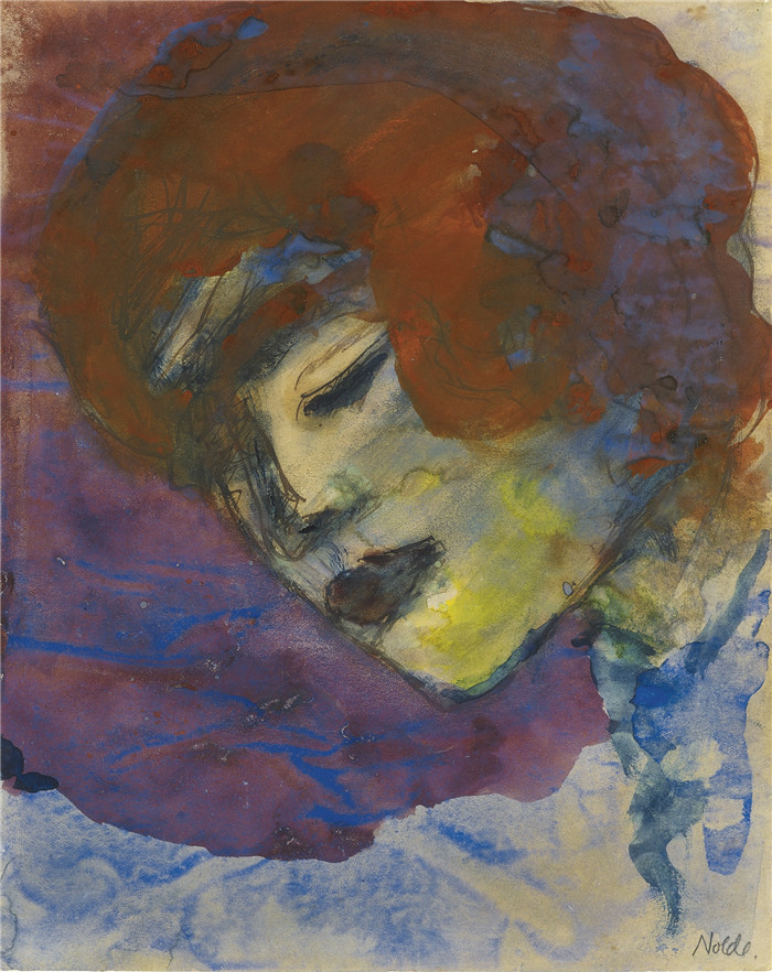 埃米尔·诺尔德（Emil Nolde）作品-一个女人的肖像（红发）