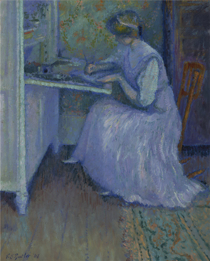 西奥多·厄尔·巴特勒（Theodore Earl Butler）作品-一个穿着淡紫色衣服的女孩坐在桌子旁 1908年