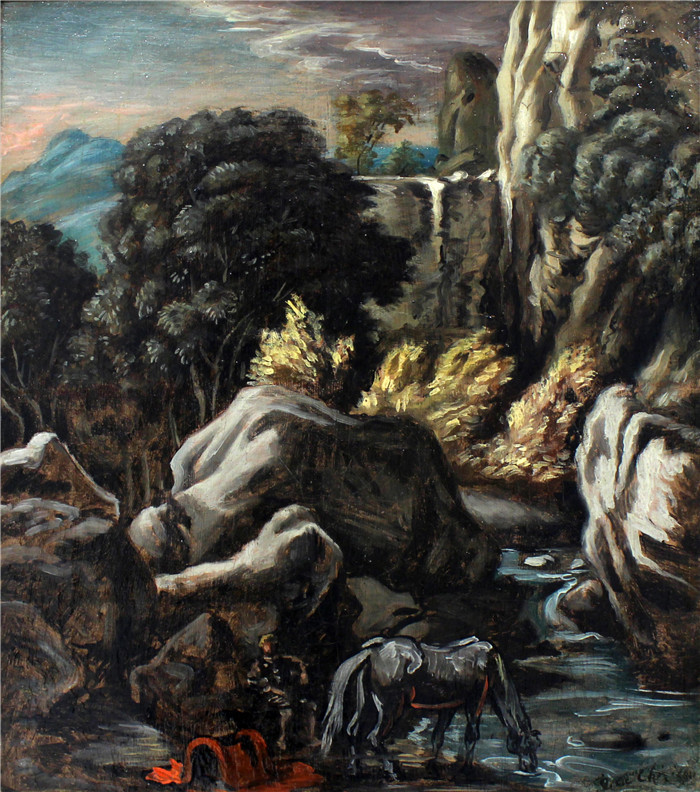 乔治·德·基里科（Giorgio de Chirico）高清作品-勇士与马在水池中饮水休息