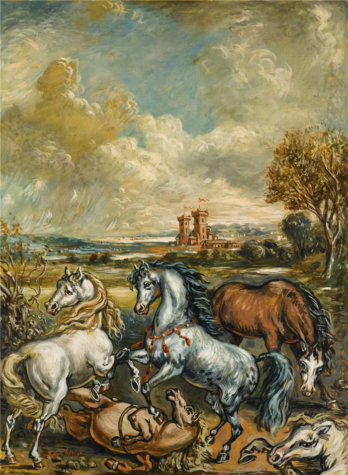 乔治·德·基里科（Giorgio de Chirico）高清作品-马在风景中打斗