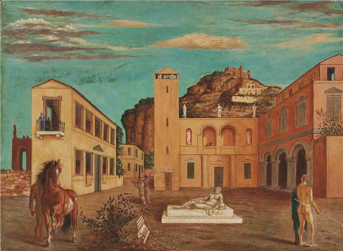乔治·德·基里科（Giorgio de Chirico）高清作品-意大利广场（墨丘利和形而上学者），1920年