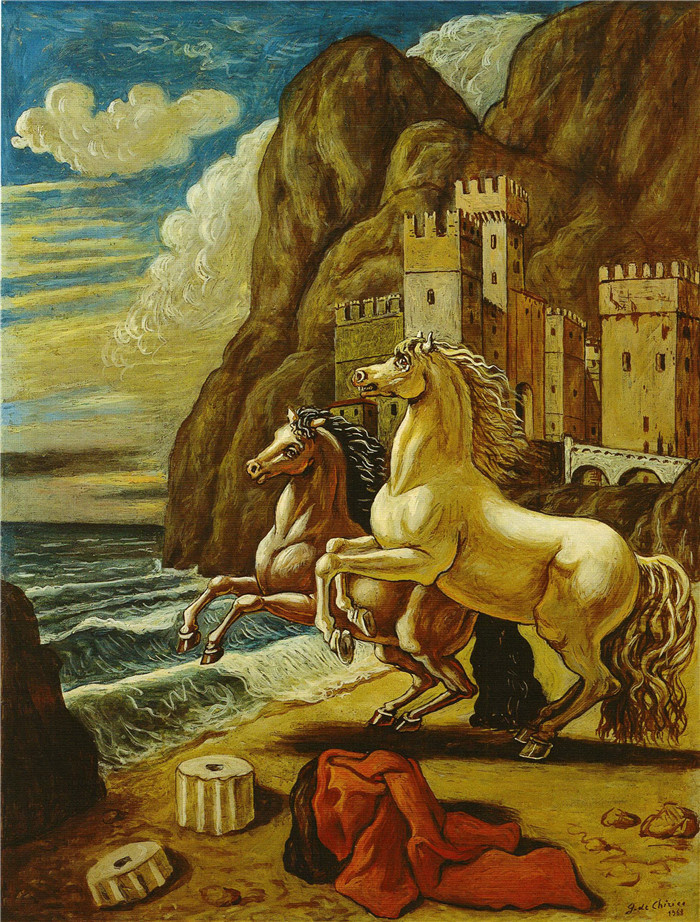 乔治·德·基里科（Giorgio de Chirico）高清作品-古马在城堡脚下1968年