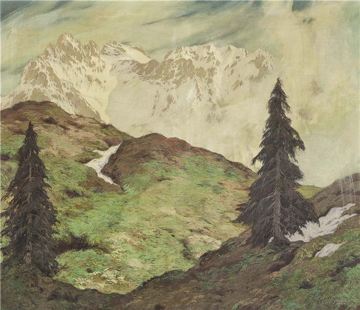 雨果·霍迪纳（Hugo Hodiener ）油画-Karwendel的春天