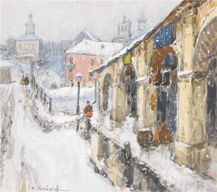 康斯坦丁·伊万诺维奇·戈巴托夫(konstantin lvanovich gorbatov)油画-SNOWY TOWNSCAPE