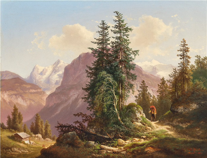 雨果·霍迪纳（Hugo Hodiener ）油画-Der Eiger, der Monch und der Silberhorn in der Schweiz,