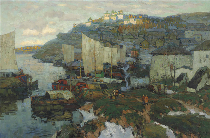 康斯坦丁·伊万诺维奇·戈巴托夫（konstantin lvanovich gorbatov）油画-船港