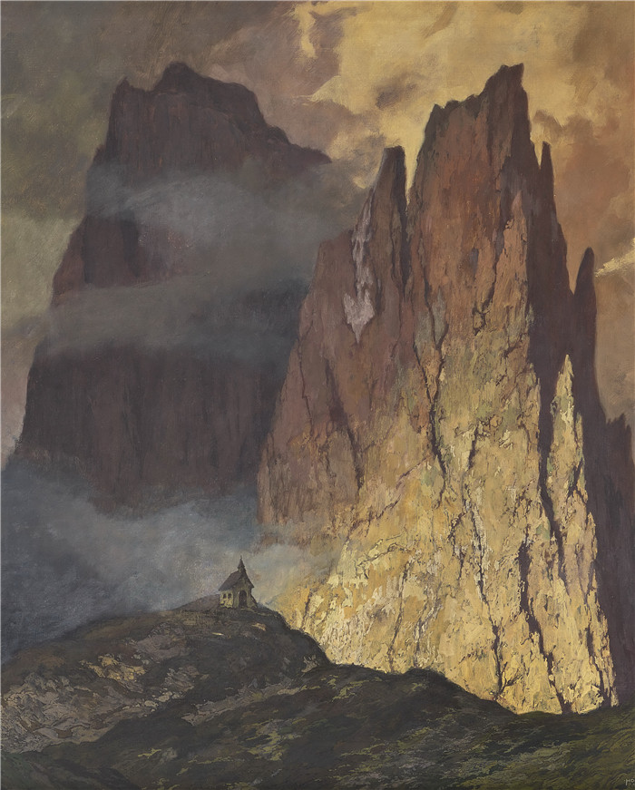 雨果·霍迪纳（Hugo Hodiener ）油画-山前小教堂（2）