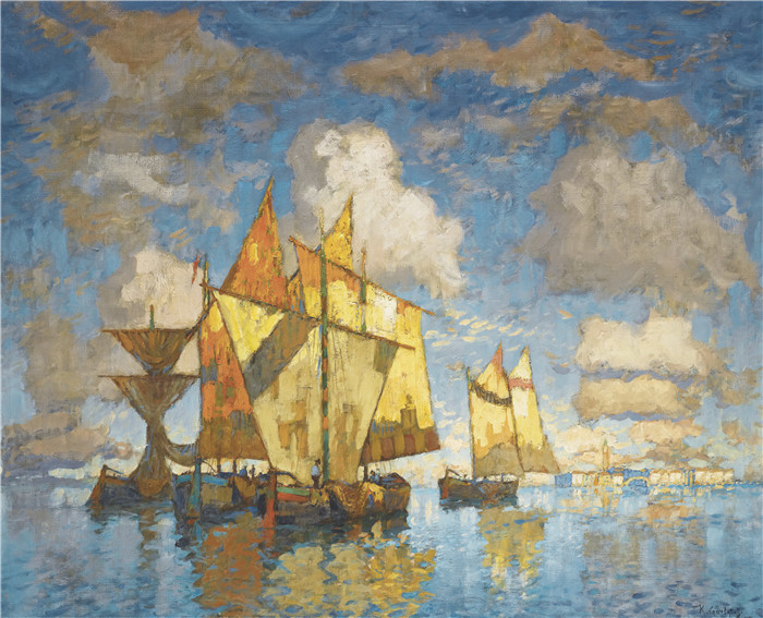 康斯坦丁·伊万诺维奇·戈巴托夫（konstantin lvanovich gorbatov）油画-威尼斯泻湖中的渔船