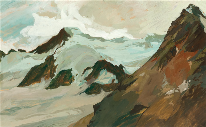 雨果·霍迪纳（Hugo Hodiener ）油画-高山上白雪覆盖的山峰