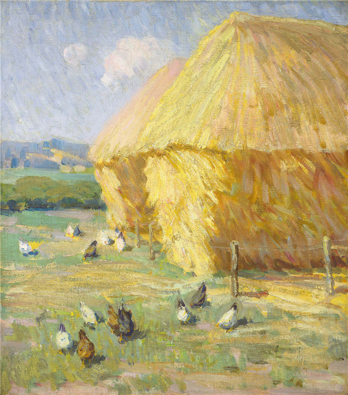 海伦·加洛韦·麦克尼科尔（Helen Galloway McNicoll）作品-鸡和干草堆，1911年