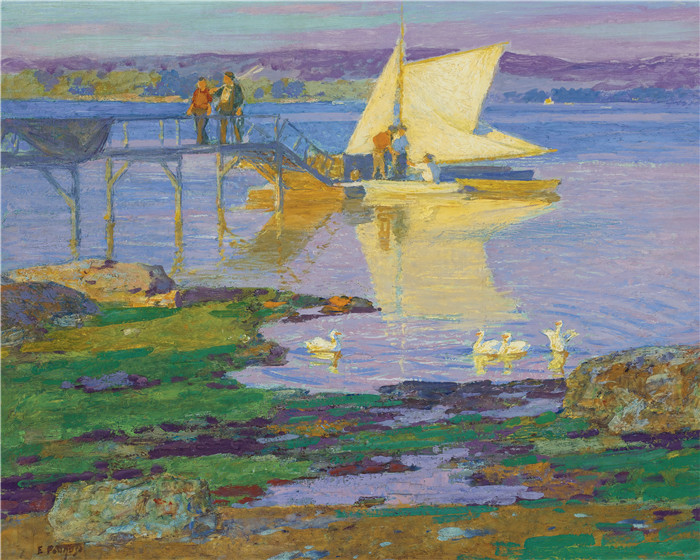 爱德华·亨利·波斯特(Edward Henry Potthast)作品-码头上的船