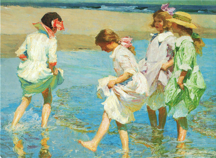 爱德华·亨利·波斯特(Edward Henry Potthast)作品-1910年海边玩耍绘画