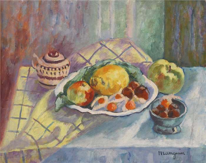 亨利·夏尔·芒更(Henri Charles Manguin)作品-苹果、柠檬和Physalis,1942年