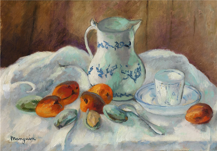 亨利·夏尔·芒更（Henri Charles Manguin）作品-杏子、杏仁和白锅，1943年