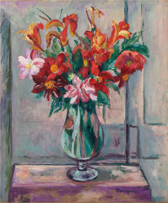 亨利·夏尔·芒更（Henri Charles Manguin）作品-桌子上的花束，1928年