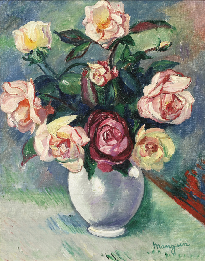 亨利·夏尔·芒更（Henri Charles Manguin）作品-《白花瓶里的玫瑰花团》，1912年