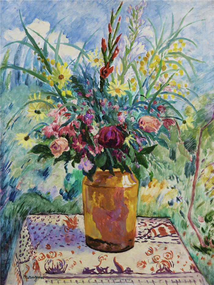亨利·夏尔·芒更（Henri Charles Manguin）作品-《黄壶与玫瑰》，1935年