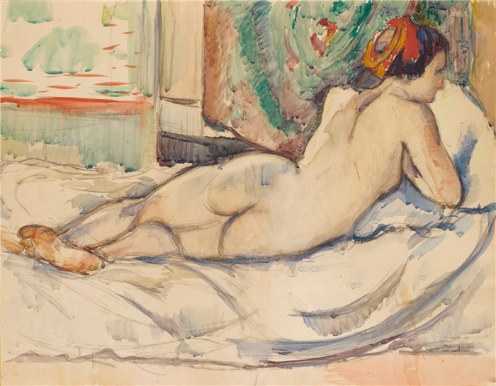 亨利·夏尔·芒更（Henri Charles Manguin）作品-Nude Red Turban, Jeanne, 1907