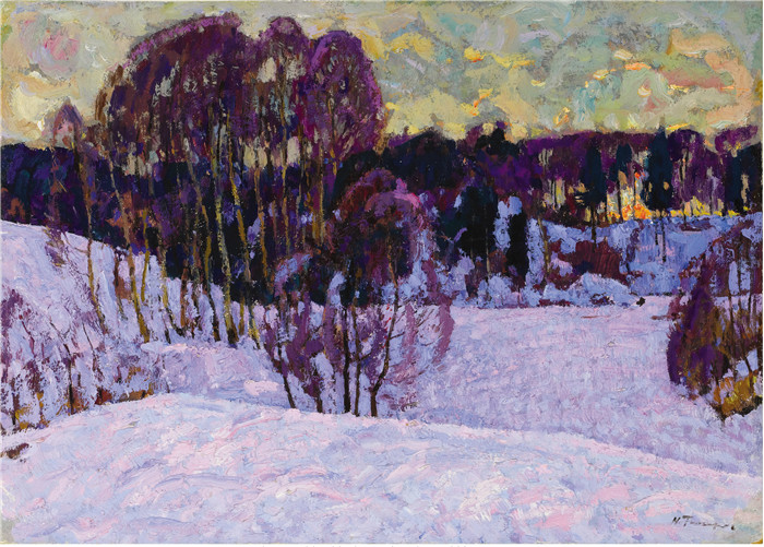 尼古拉·蒂姆科夫 (Nikolai Timkov)油画-《冬天的日落》，1965年