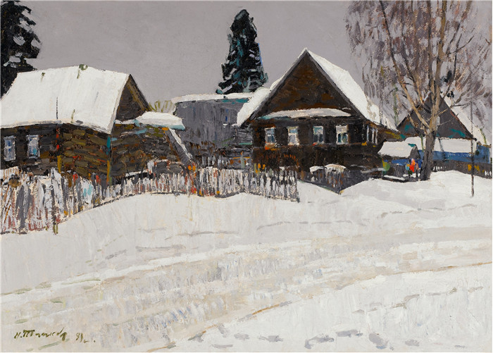尼古拉·蒂姆科夫 (Nikolai Timkov)油画-冬季村，1991年