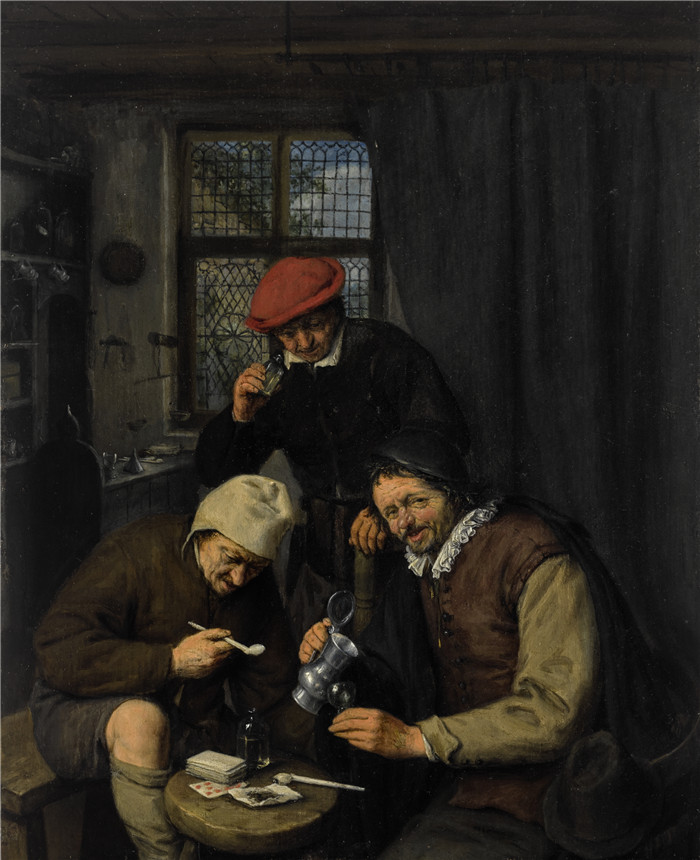 阿德里亚恩·范·奥斯塔德 (Adriaen van Ostade)作品-三个酒鬼在精神病院抽烟喝酒