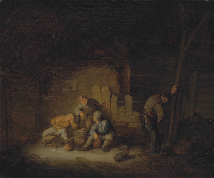 阿德里亚恩·范·奥斯塔德 (Adriaen van Ostade)作品-农民和狗坐在谷仓里喝酒