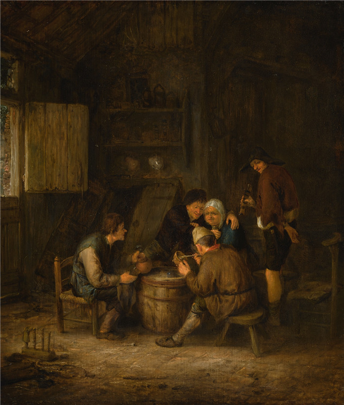 阿德里亚恩·范·奥斯塔德 (Adriaen van Ostade)作品-农民在客栈里抽烟喝酒