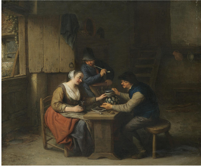 阿德里亚恩·范·奥斯塔德 (Adriaen van Ostade)作品-酒馆的内部，两人在桌子旁喝酒