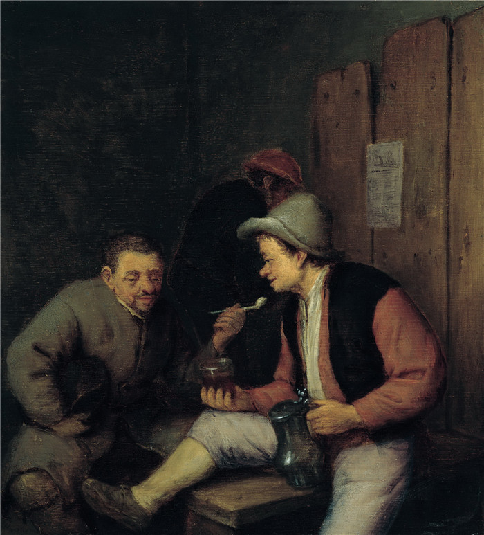 阿德里亚恩·范·奥斯塔德 (Adriaen van Ostade)作品-农民在酒馆里抽烟喝酒
