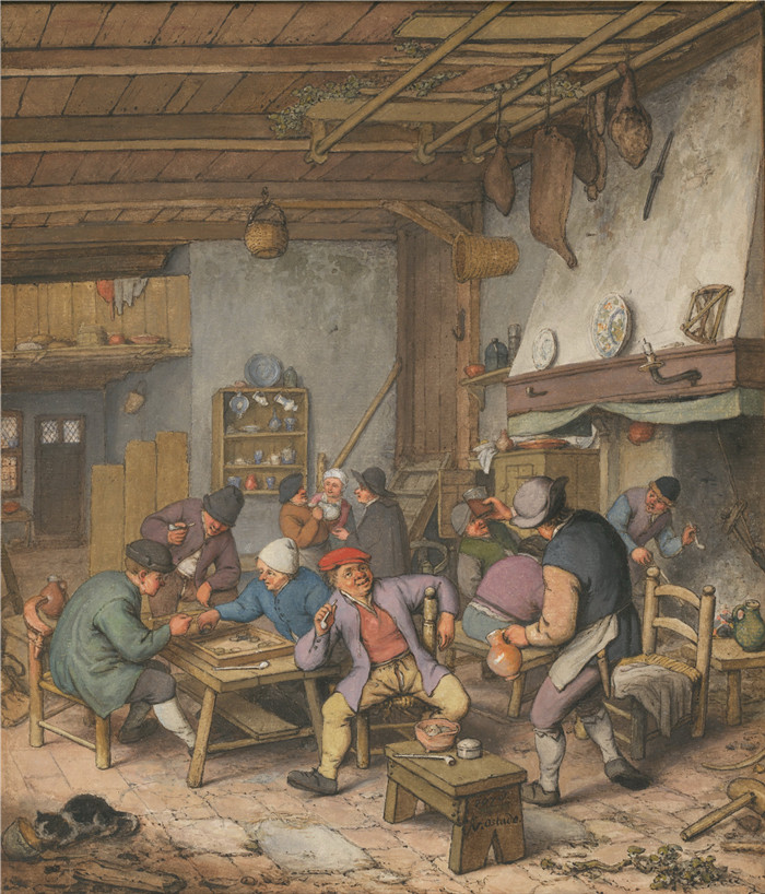 阿德里亚恩·范·奥斯塔德 (Adriaen van Ostade)作品-农民抽烟和玩双陆棋，1678年