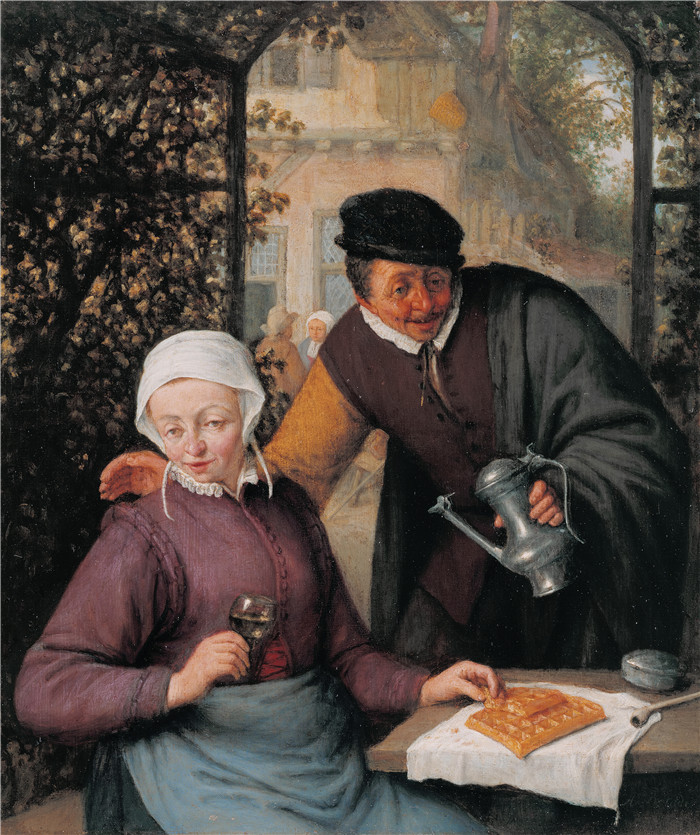 阿德里安·范·奥斯塔德 (Adriaen van Ostade)作品-《Arbour里的一对老夫妇》