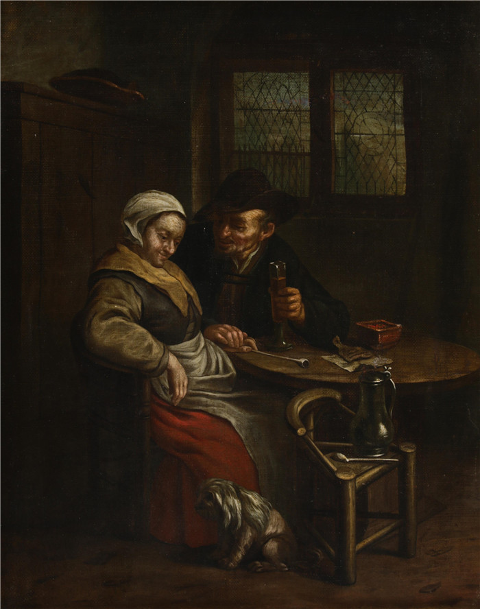 阿德里亚恩·范·奥斯塔德 (Adriaen van Ostade)作品-一个农民正在向一位老太太求爱