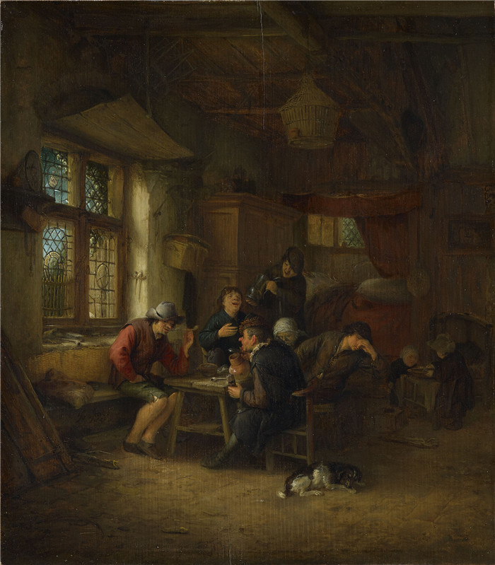 阿德里亚恩·范·奥斯塔德 (Adriaen van Ostade)作品-五个农民和一个女人的酒馆