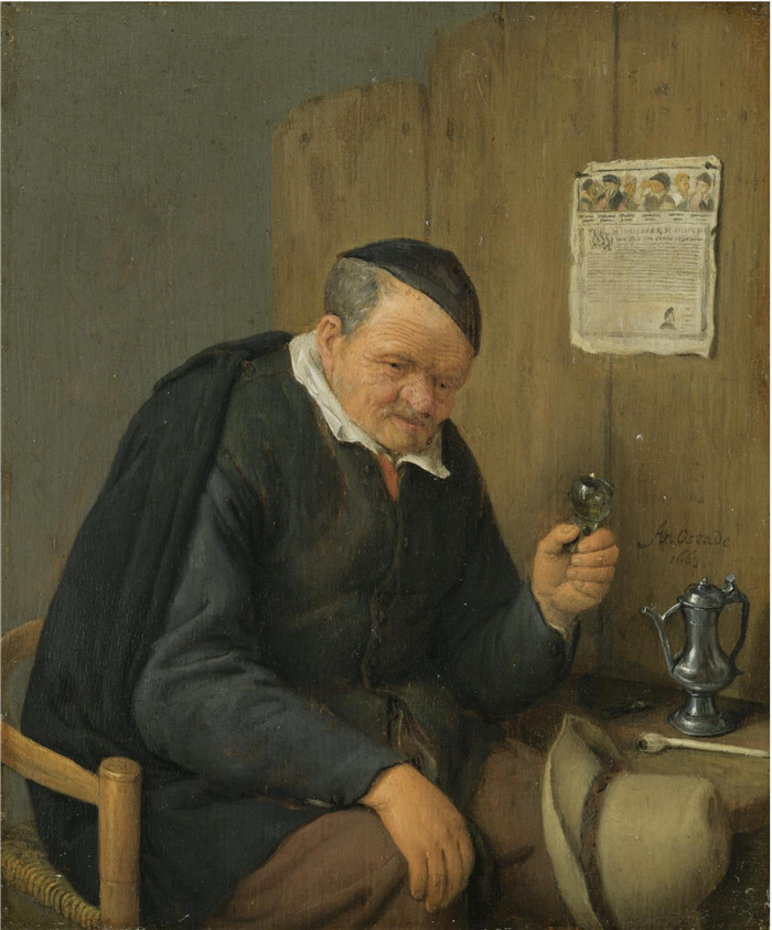 阿德里亚恩·范·奥斯塔德 (Adriaen van Ostade)作品-一位老人拿着酒杯坐着