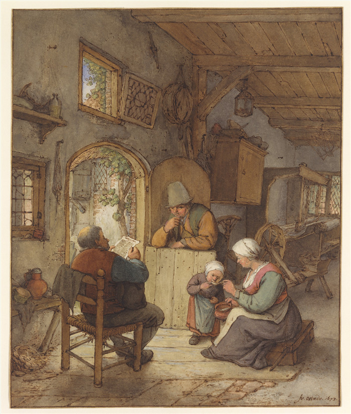 阿德里亚恩·范·奥斯塔德 (Adriaen van Ostade)作品-在编织小屋阅读