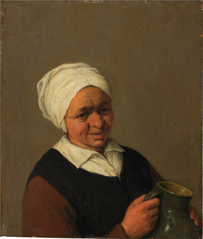 阿德里亚恩·范·奥斯塔德 (Adriaen van Ostade)作品-一位拿着罐子的老农妇半身像