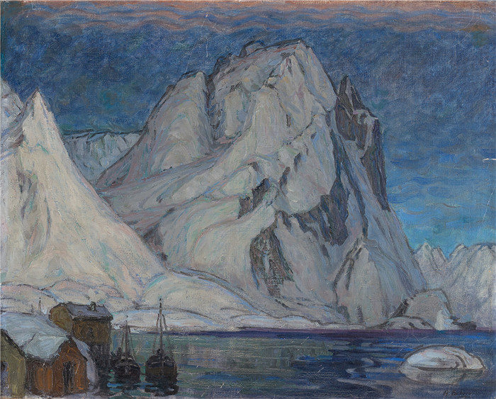 安娜·博伯格 (Anna Boberg)油画-雪山下的小船