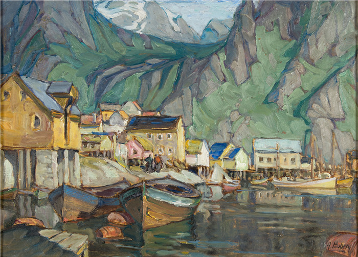 安娜·博伯格 (Anna Boberg)油画-山下的小船房屋