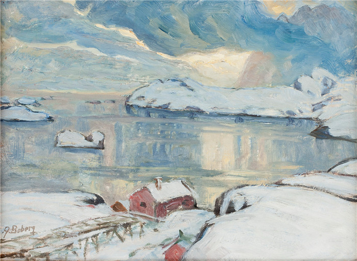 安娜·博伯格 (Anna Boberg)油画-湖泊. 20 x 27 cm