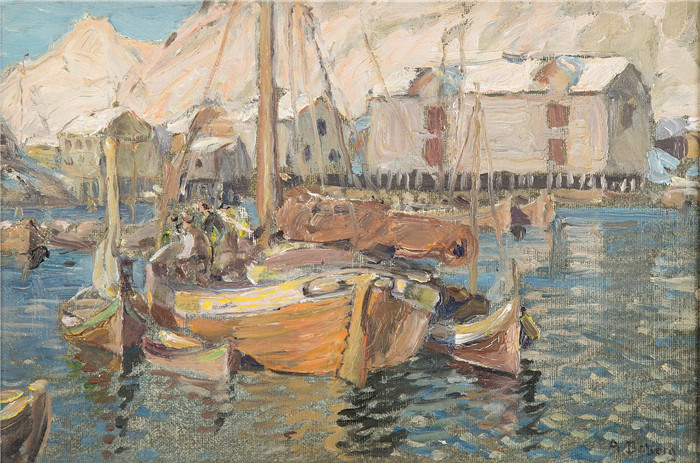安娜·博伯格 (Anna Boberg)油画-帆船房屋  20 x 30 cm