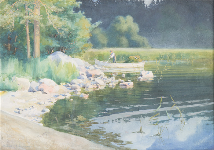 安娜·博伯格 (Anna Boberg)油画-一个夏天的风景
