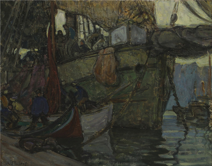 安娜·博伯格 (Anna Boberg)油画-码头 Oil on canvas. Signerad.