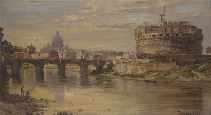 安东尼奥·布兰代斯(Antonietta Brandeis）油画-与圣安杰洛和圣彼得一起看台伯河