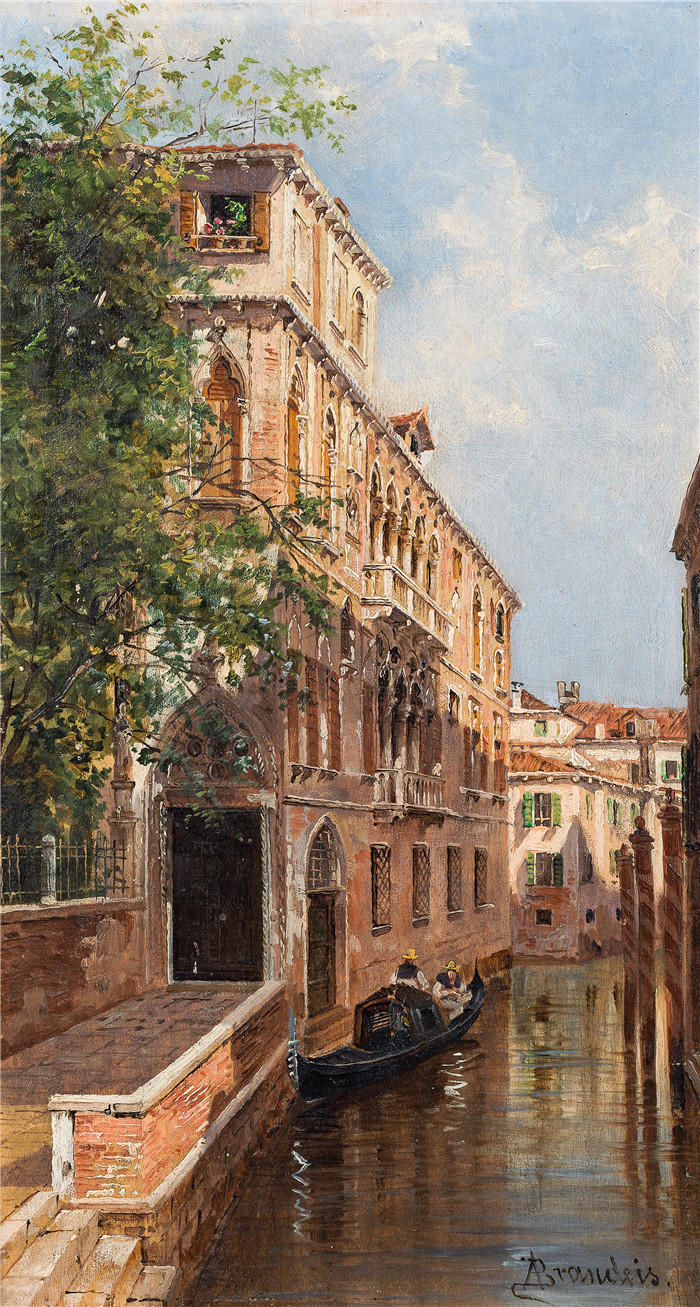 安东尼奥·布兰代斯(Antonietta Brandeis）油画-威尼斯运河与万阿克塞尔宫