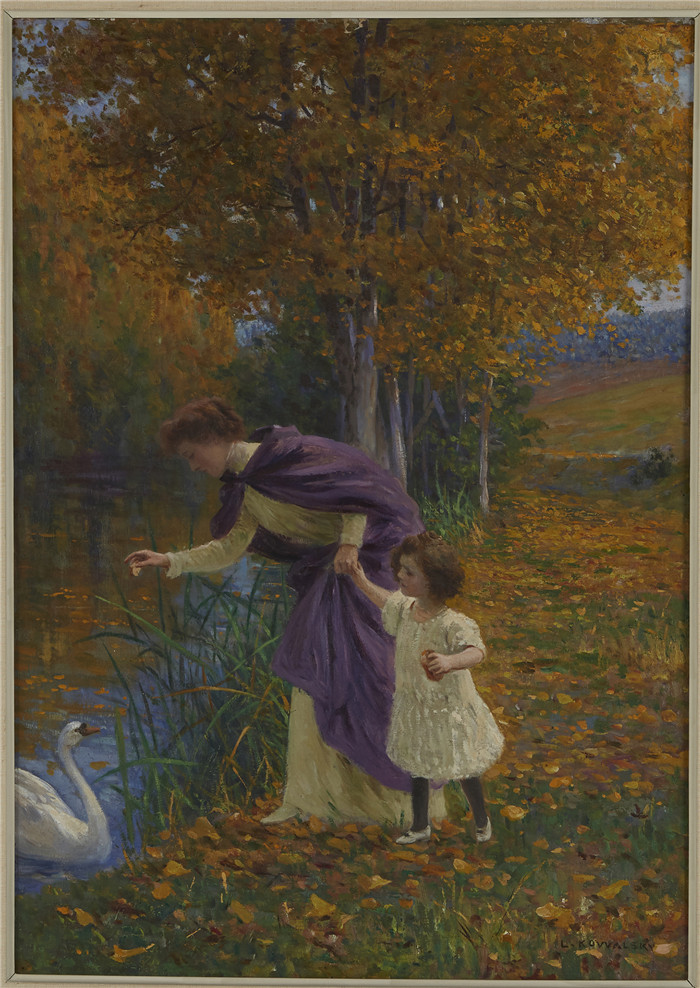 利奥波德.弗朗兹.科瓦尔斯基(Leopold Franz Kowalski）油画-母亲和孩子在河边喂天鹅